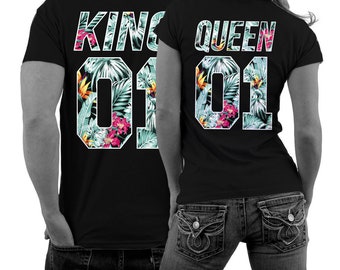 Camisas de pareja KING 01 y QUEEN 01 con estampado floral tropical en SET para parejas camisas de pareja S - 3XL