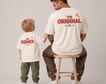 Vater Sohn Partnerlook Shirts Personalisiert - The Original & The Remix - Papa Baby Geschenk Vatertag - Partner Outfit Familie Wunschdatum