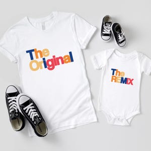 Vater & Sohn Partnerlook Shirts mit bunten Buchstaben - The Original The Remix T-Shirts Babybodys Mama Tochter Outfit Geschenk Vatertag