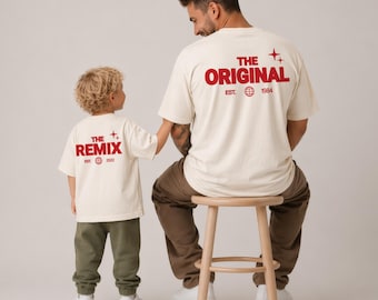 Vater Sohn Partnerlook Shirts Personalisiert - The Original & The Remix - Papa Baby Geschenk Vatertag - Partner Outfit Familie Wunschdatum