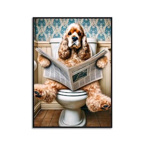 Decorazione Bagno Poster Cocker Spaniel Bagno per gli ospiti Regalo Casa Acquisto Animali sul water Poster Decorazione murale divertente Cane sul water che legge il giornale