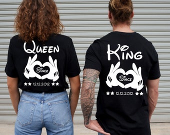 King and Queen shirts with a personalized date and handprints. Couple shirts in a set for Valentine's Day, Easter, and Christmas.