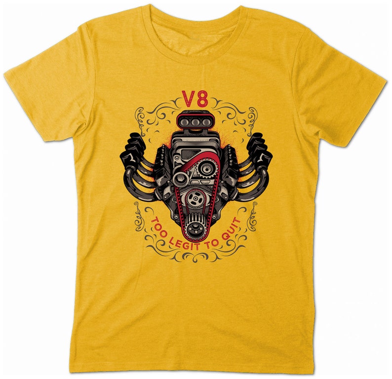 V8 Hot Rod Shirt Schrauber Mechaniker T-Shirt Engine Tuning Vintage Gold Yellow