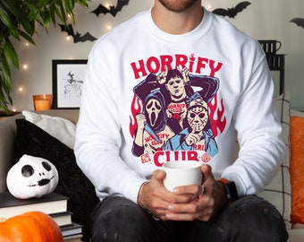 Maglione di Halloween Felpa di Halloween Horrify Club Maglione vintage retrò Felpa retrò Pullover Ghostface Horror Satira Oversize