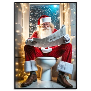 Poster di Babbo Natale in bagno Immagine del bagno degli ospiti Decorazione natalizia Decorazione per la casa Decorazione da parete Poster Natale Babbo Natale legge il giornale in bagno