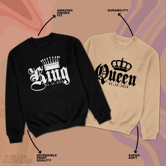 KING QUEEN sweatshirt met gewenste datum en kroon Paar truien voor koppels met gewenste print Paar trui Cadeau voor koppels Million Threads Etsy Nederland