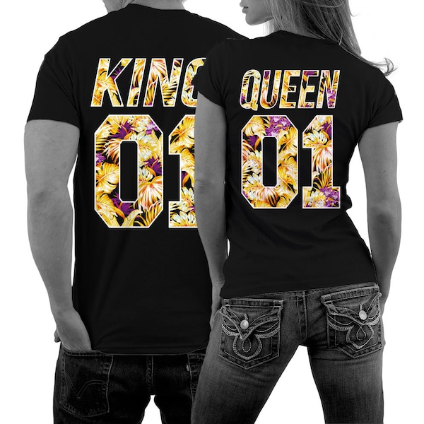 KING und QUEEN T-Shirts im SET mit Blumendruck Pärchen Shirts für Paare im Doppelpack