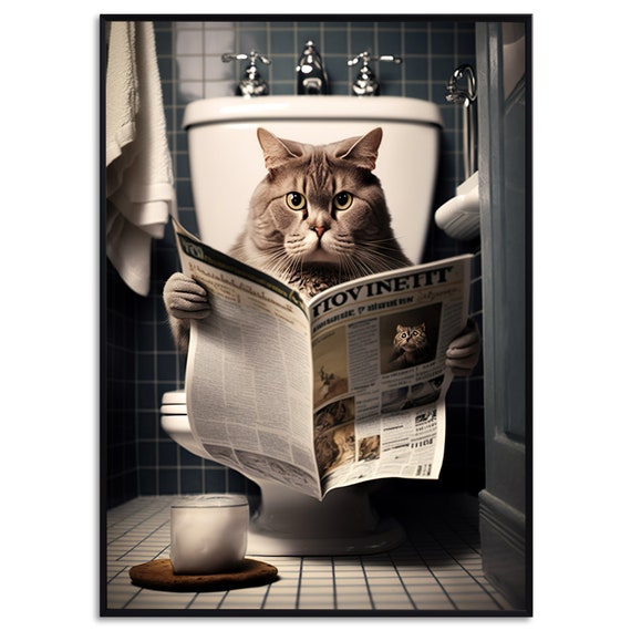 Affiche Toile Chat Marrant Aux Toilettes Lisant Le Journal - Décoration Salle De Bain Vintage Verte 30x40 Cm Sans Cadre