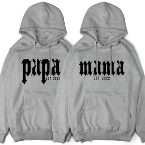 Hoodies voor papa en mama, familietruien met gewenste datum, gepersonaliseerde hoodies, kraamcadeaus voor ouders, gepersonaliseerde kraamcadeaus