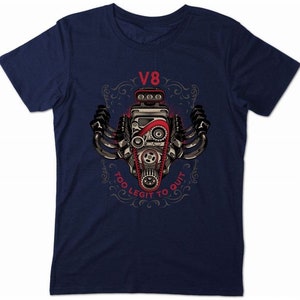 V8 Hot Rod Shirt Schrauber Mechaniker T-Shirt Engine Tuning Vintage Navy