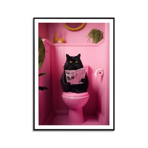 Tableau de chat sur les toilettes, affiche de salle de bain, animaux sur les toilettes, décoration de toilettes d'invités, rose, cadeau d'achat de maison, décoration murale, chat lisant le journal