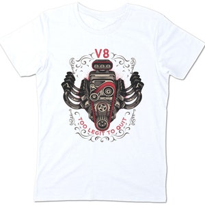 V8 Hot Rod Shirt Schrauber Mechaniker T-Shirt Engine Tuning Vintage White