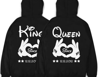 Sudaderas con capucha KING & QUEEN con manos y fecha deseada suéteres de pareja en un SET suéteres de pareja suéteres de pareja San Valentín