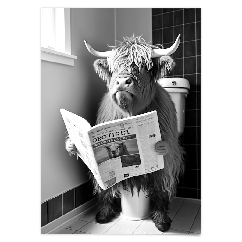 Op de afbeelding: Een zwart-witfoto van een Schotse hooglander die op een toilet zit en een krant leest. De krantenkoppen luiden "ORO LISSL SO MILEOMIR".
