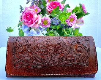 Women’s Leather Wallet |Handtooled Leather Wallet | Mexican Style Wallet | Floral Design | White, Black, Brown Wallet