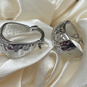 925 Sterling Silver Chunky Hammered Huggie Hoop Earrings, Gift ∙ A152