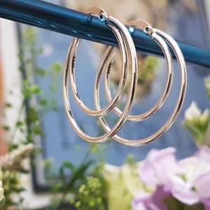 May include: Silver hoop earrings with three concentric circles.