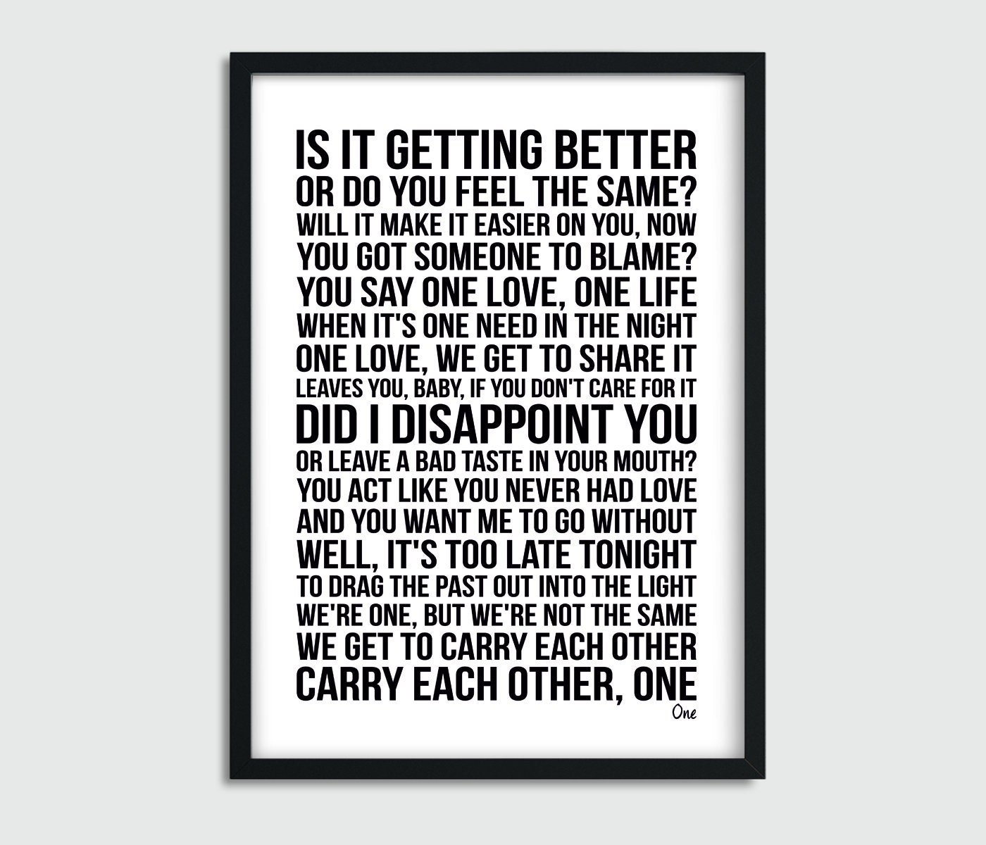 U2 One Lyrics Print Song PosterLyrics ArtSong Lyrics Poster Etsy