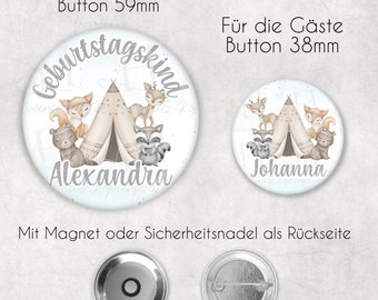 Button für Kindergeburtstag I 59mm Button plus Optional für Gäste als Set mit 38mm Buttons I Personalisierbar mit Namen I Boho Tiere