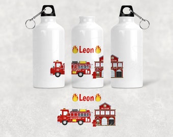 Personalisierte I Bedruckte I Alu Trinkflasche 500ml I optional mit Brotdose I Kinder *Feuerwehr 1*