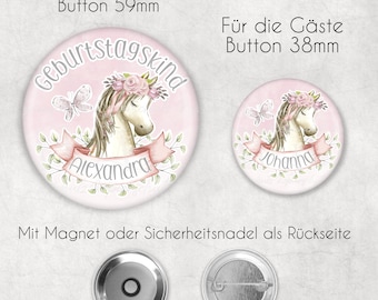 Button für Kindergeburtstag I 59mm Button plus Optional für Gäste als Set mit 38mm Buttons I Personalisierbar mit Namen I Pferd