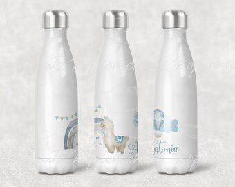 Isolierte Kinder Trinkflasche I 350ml Weiß I 500ml Weiß und Glitzer mit Namen I Aquarell Lama Blau