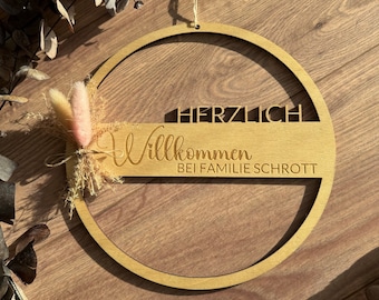 Türkranz Herzlich Willkommen Adressschild Namensschild Türschild Familie Boho Holz personalisiert Geschenk Einzug Bauherren