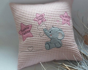 Name pillow / birth pillow with a cute elephant - can be personalized with name and dates of birth