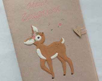 Certificate folder incl. privacy covers - embroidered with a cute deer - customizable with name
