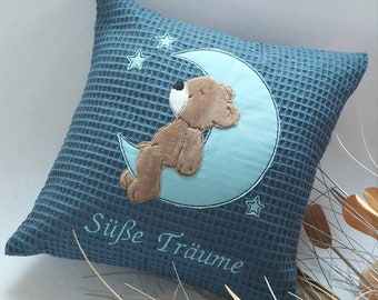 Name pillow / birth pillow with a cute little bear sitting in the moon - can be personalized with name and birth dates