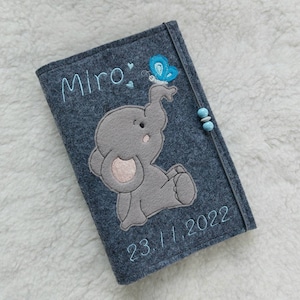 Etui pour U-Heft en feutrine - brodé d'un doux éléphant, personnalisable avec prénom - étui passe mère / Mamipass / U-Heft