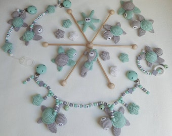 Pacifier chain, stroller chain, baby mobile, Maxi Cosi pendant with crocheted turtles - other color combinations possible upon request