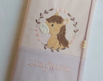 Certificate folder incl. privacy covers - embroidered with a cute horse - customizable with name