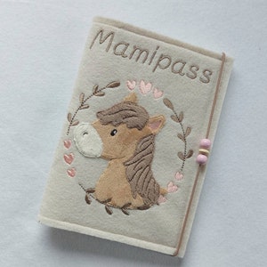 Couverture pour livret U en feutre - brodée d'un joli cheval - Personnalisable avec nom - Couverture pour passeport mère / pass maman / U-booklet
