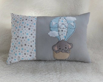 Name pillow / birth pillow with cute elephant in a hot air balloon - customizable with name and dates of birth