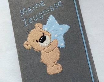 Certificate folder incl. privacy covers - embroidered with a cute bear - customizable with name