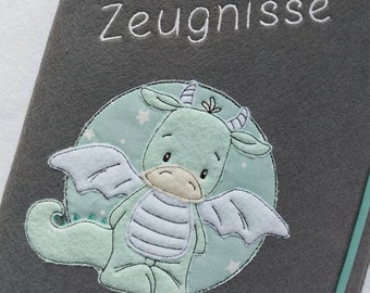 Certificate folder incl. privacy covers - embroidered with a cute dragon - customizable with name