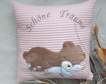 Name pillow / birth pillow with a cute sleeping bear and goose - can be personalized with name and birth dates