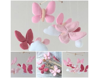 Sweet baby mobile with felt pendants - butterflies and clouds - color preferences possible