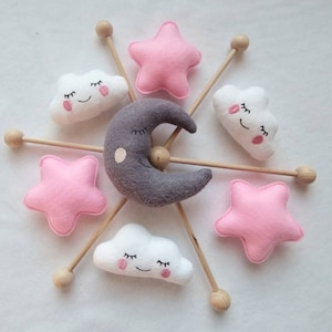 Cute Baby Mobile with felt pendants - moon, clouds and stars - color requests possible