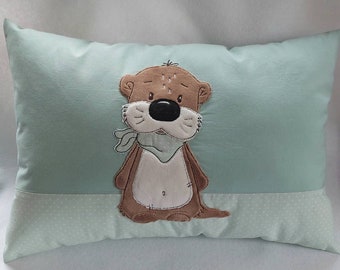 Name pillow / birth pillow with cute otter / beaver - can be personalized with name and dates of birth