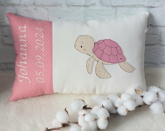 Almohada con nombre / almohada de nacimiento personalizable con nombre y fechas de nacimiento - con una linda tortuga