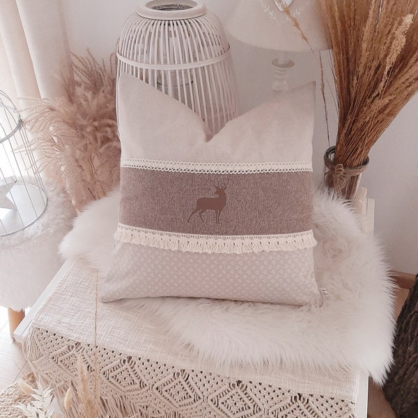 Cushion cover/cushion cover decorative cushion Lsndhaus brown beige taupe fringe lace ribbon boho 50 x 50 cm