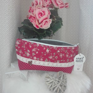 Kosmetiktasche Kulturtasche Schminktäschchen Landhaus Blumen Burgund Rot Dots Rosen