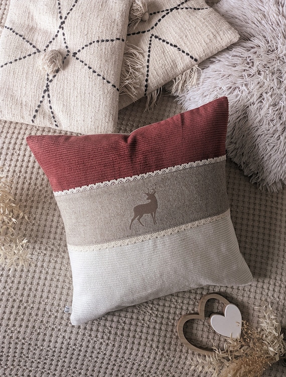 Kissenhülle 50x50cm - Handmade Kissenbezug Cord - Bordeaux/Wollweiß - Gemütliche Hüttendeko - Zierkissen Landhausstil - Country Home Style