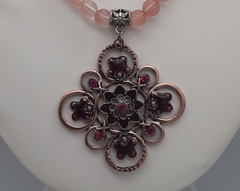 Antique Maltese Cross Pendant on a Necklace of fuchsia tigers eye and watermelon tourmaline. Toggle clasp closure