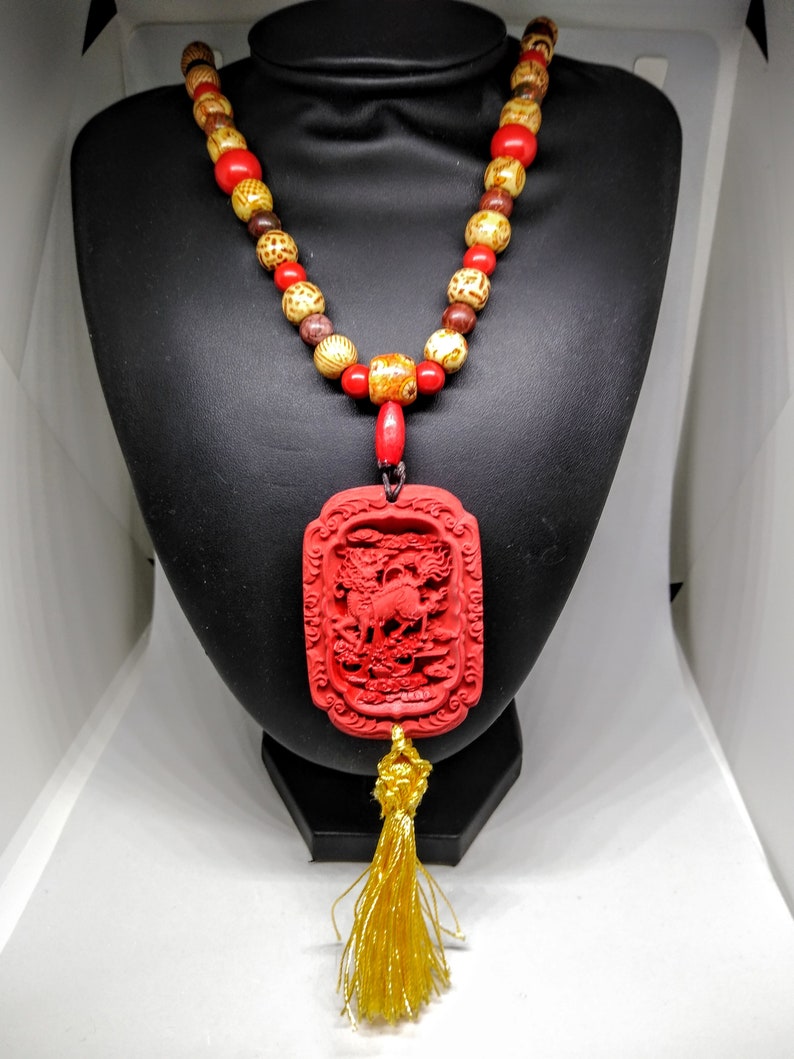 Cinnabar Chi Lin Kylin Necklace With Cinnabar Beads Wood - Etsy