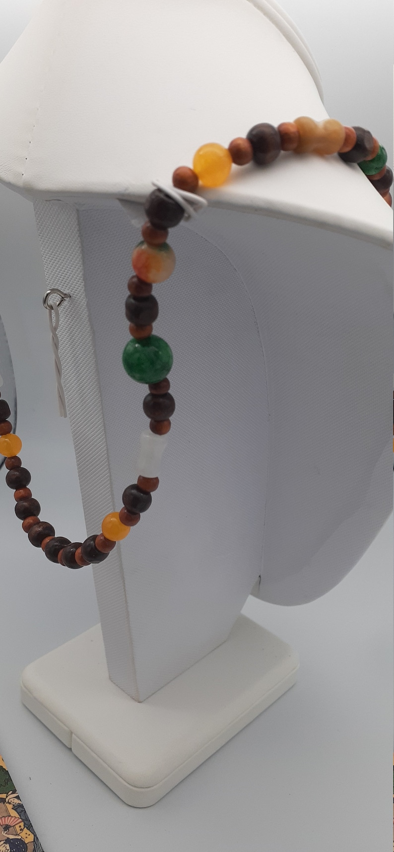 Bronze Happy Buddha with money bag pendant on necklacecof jade and wood beads