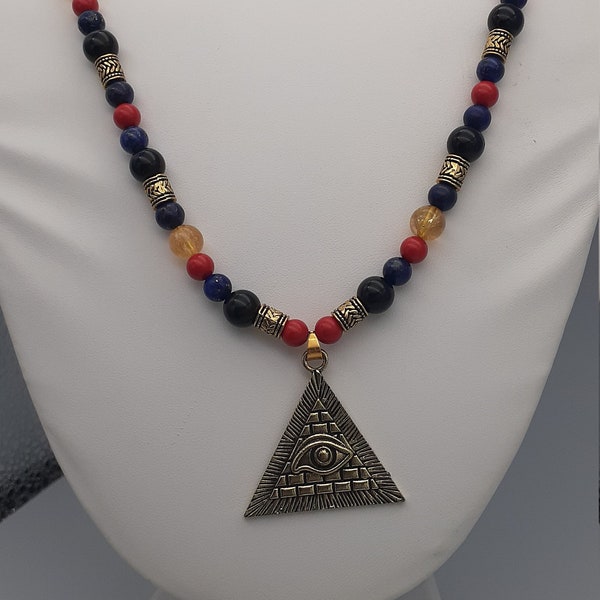 Egyptian necklace with pyramid eye of Ra pendant