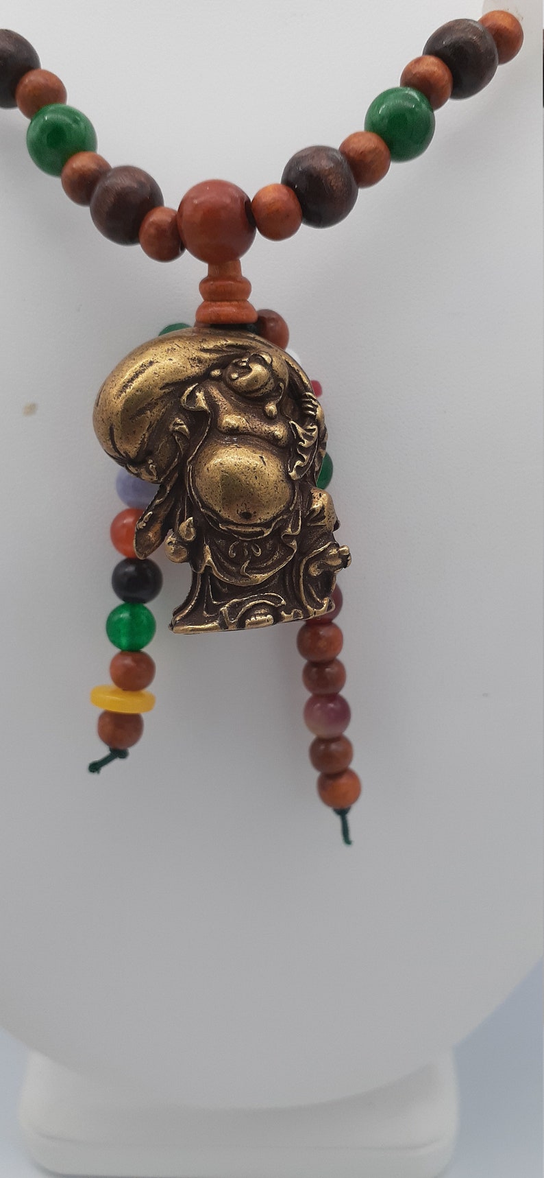 Bronze Happy Buddha with money bag pendant on necklacecof jade and wood beads